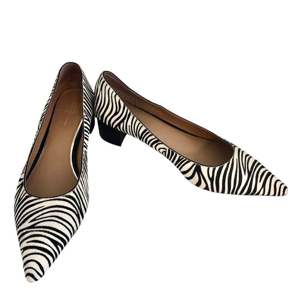 PAOLO Bellini Calf Hair Leather Zebra Print Low Block Heel Pump Pointy Toe 11